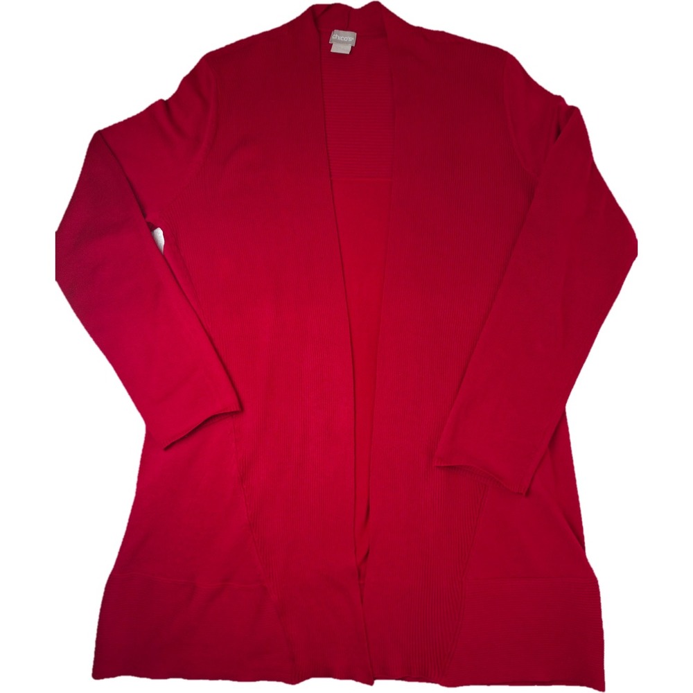 Chico's Cardigan Sweater Women Size 1 (medium)Red Open Front Ribbed Knit